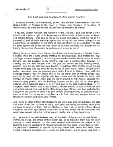 Picture of Benjamin Franklin Last Will and Testament
