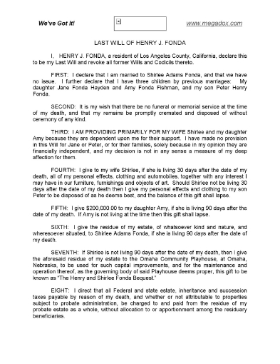 Henry Fonda Last Will and Testament