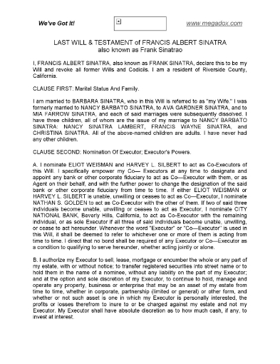 Frank Sinatra Last Will and Testament