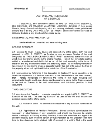 Picture of Liberace Last Will and Testament