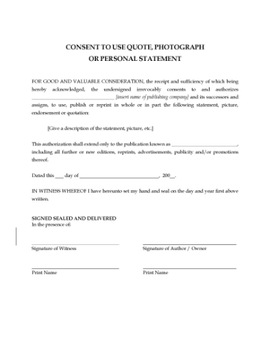 Picture of Consent to Use Quote, Photograph or Personal Statement