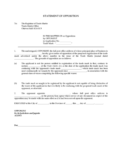 Canada Statement of Opposition to Registration of Trade Mark