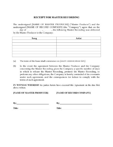 Receipt for Master Recording