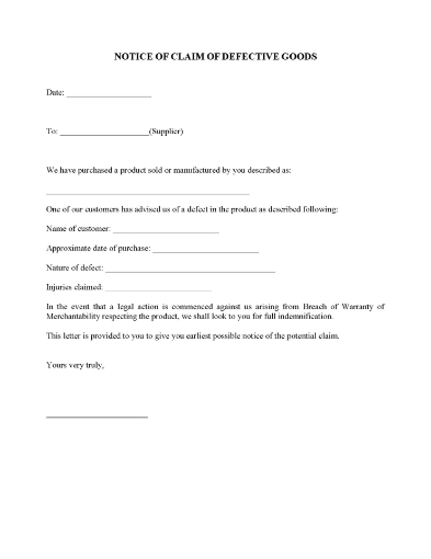Notice to Supplier of Claim for Defective Goods