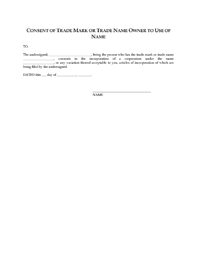 Canada Consent of trade mark owner to use of name