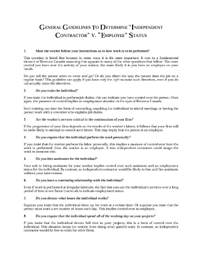 Canada Guidelines re Independent Contractor or Employee Status