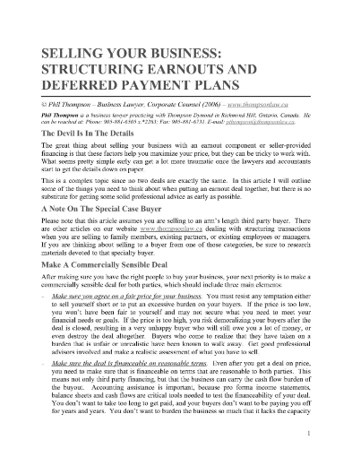 Selling Your Business - Structuring Earnouts and Deferred Payment Plans