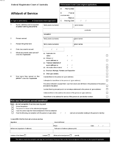 Affidavit of service form for Federal Circuit Court of Australia