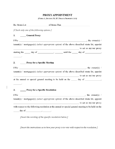 British Columbia Proxy Appointment by Strata Lot Owner