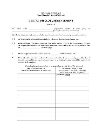 British Columbia Strata Lot Rental Disclosure Statement