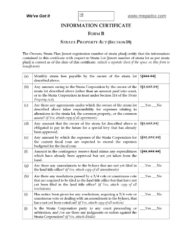 British Columbia Strata Lot Information Certificate