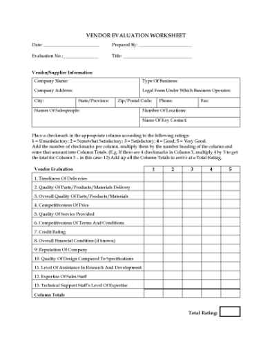 Picture of Vendor / Supplier Evaluation Worksheet