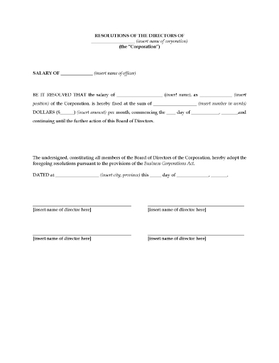 Canada Directors Resolution Fixing Salary of Officer