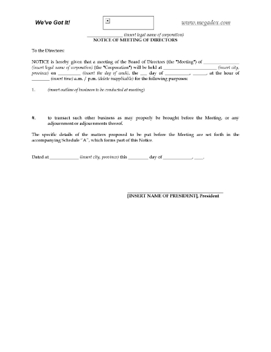 Canada Notice of Directors Meeting