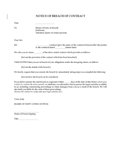 Picture of Notice of Breach of Contract