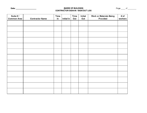 Contractor Sign-in Sign-out Log Sheet
