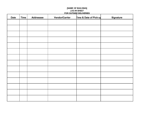 Log sheet for incoming deliveries
