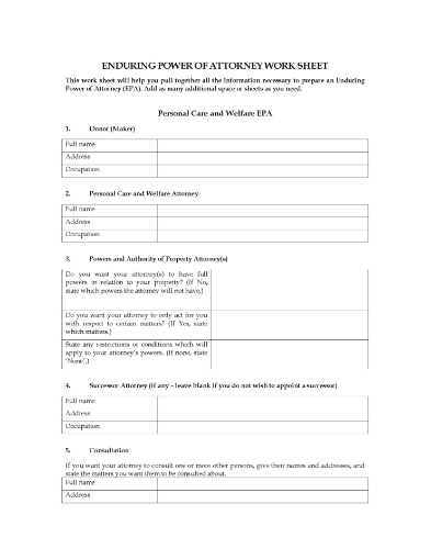 New Zealand Worksheet for completing an Enduring Power of Attorney