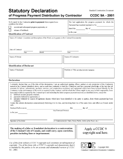 Canada Statutory Declaration of Progress Payment Distribution by Contractor