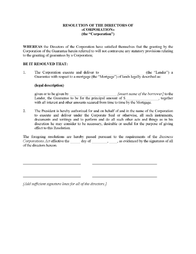 Resolution of directors of a Canadian corporation to guarantee repayment of a mortgage