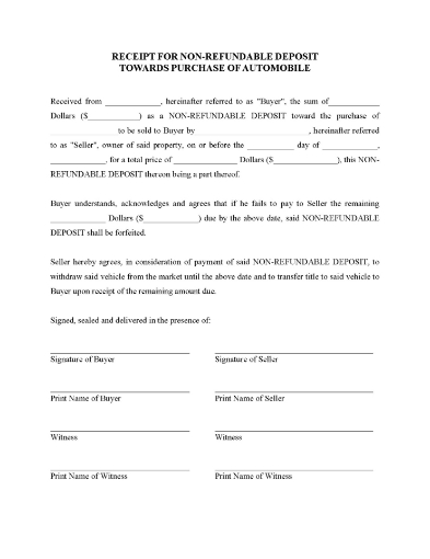 Receipt for Deposit on Purchase of Vehicle