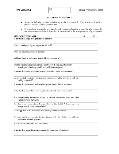 Picture of Business Leasing Location Worksheet