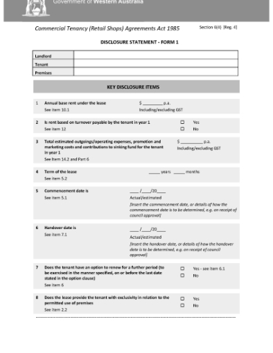 Picture of Western Australia Retail Tenant Disclosure Statement