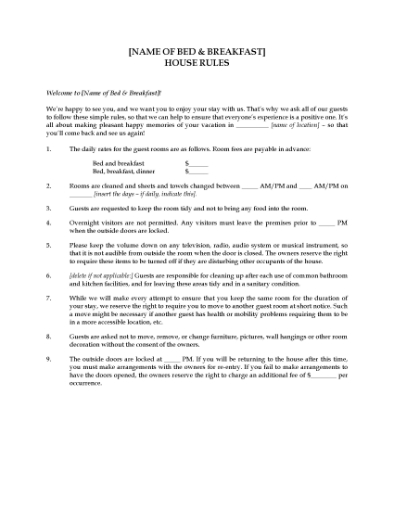 Picture of Bed & Breakfast House Guest Rules