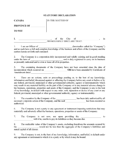 Declaration of corporate solvency for a Canadian business corporation