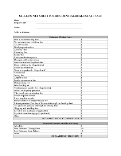 Picture of USA Seller's Net Sheet for Real Estate Sale