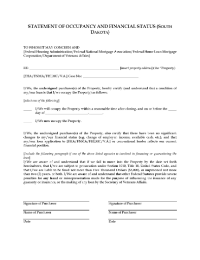 Picture of South Dakota Statement of Occupancy