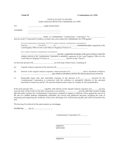 Picture of Ontario Notice of Lien to Condominium Owner