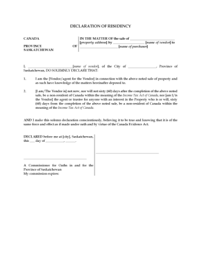 Picture of Saskatchewan Declaration of Residency