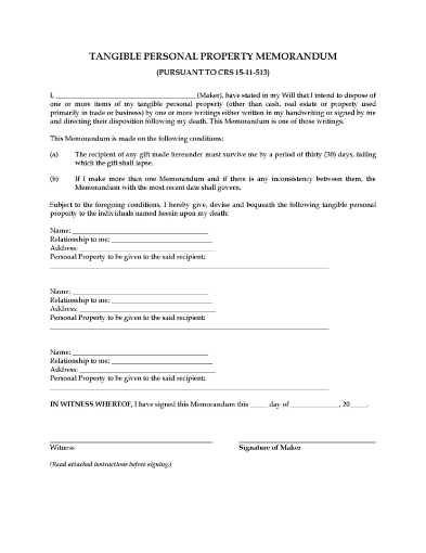 Colorado Tangible Personal Property Memorandum
