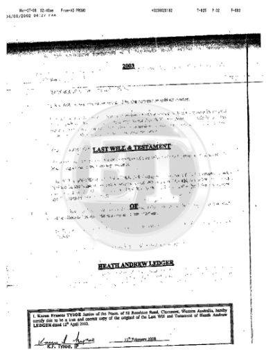 Picture of Heath Ledger Last Will and Testament