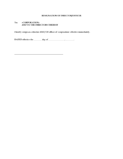 Resignation form for individual acting as director or officer of a company