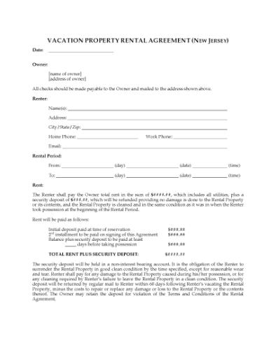 Picture of New Jersey Vacation Property Short-Term Rental Agreement