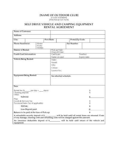 Picture of BC Rental Agreement for Camping Gear and Vehicle