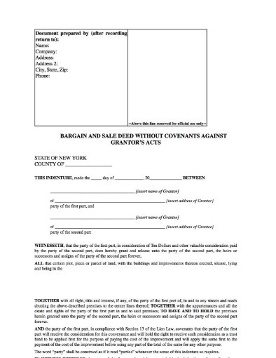 Picture of New York Bargain and Sale Deed Without Covenants
