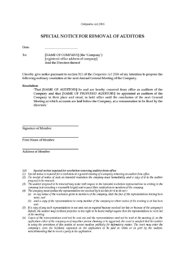 Special Notice to Remove Auditors of a United Kingdom company