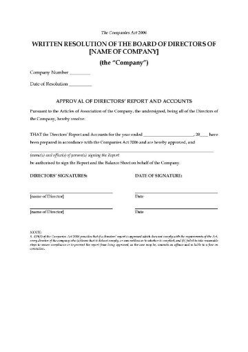 UK Board Resolution to Approve Directors Report and Accounts