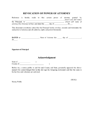 Picture of Arizona Revocation of Power of Attorney
