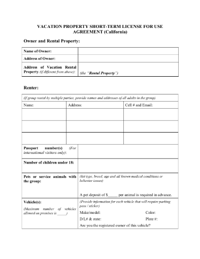 California Vacation Property Rental Agreement