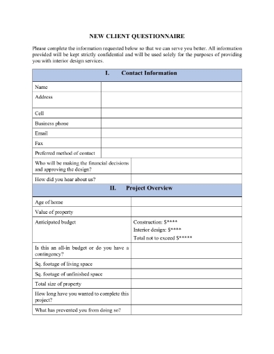 interior design client intake form