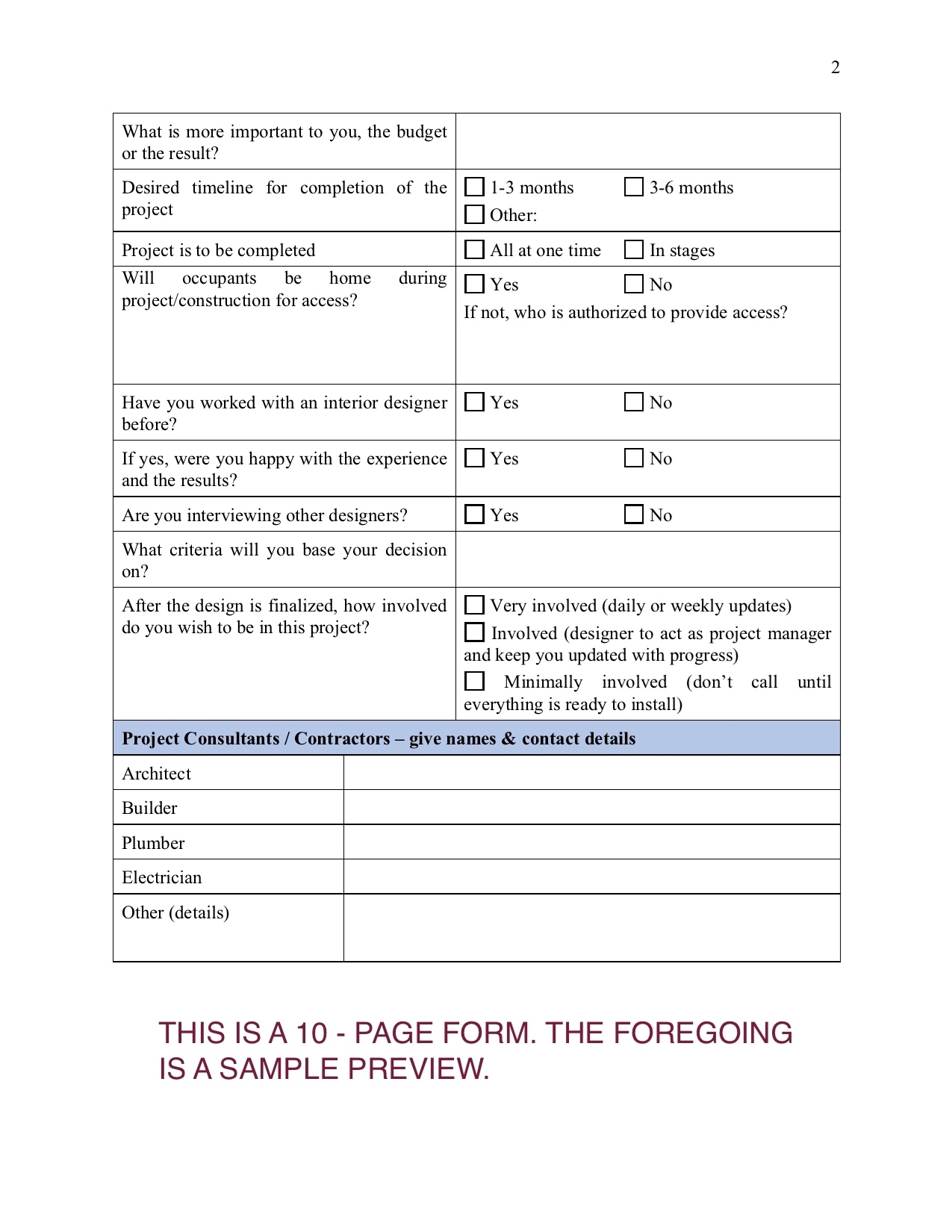 Interior Designer Client Intake Form | MegaDox.com