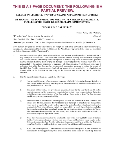 COVID release for test provider - adult