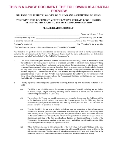 COVID release for test provider - minor child