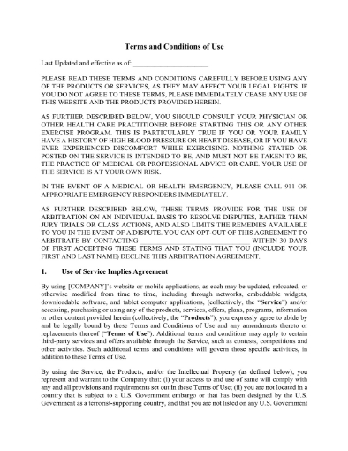 terms of use for online fitness programs