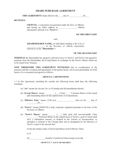 Alberta section 85 rollover for newco shares