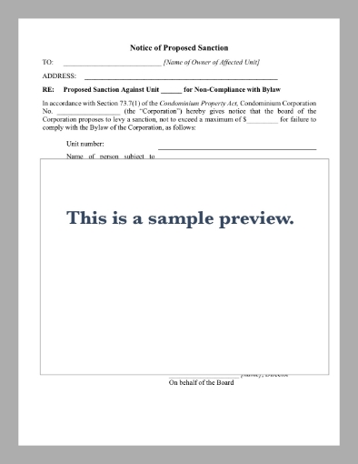Picture of Alberta Notice of Proposed Sanction against Condo Owner
